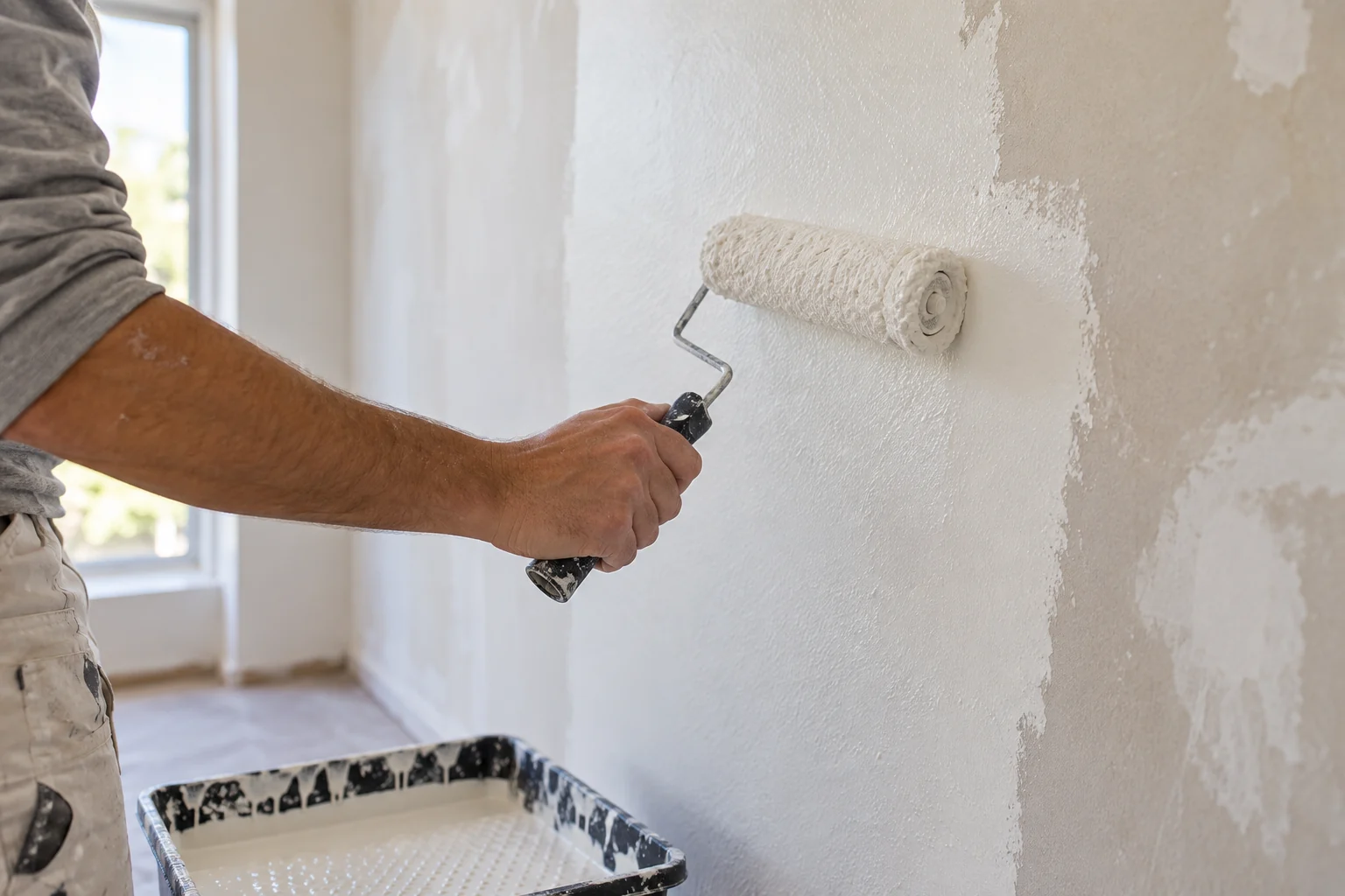 Rodillo aplicando pintura nueva a una pared interior